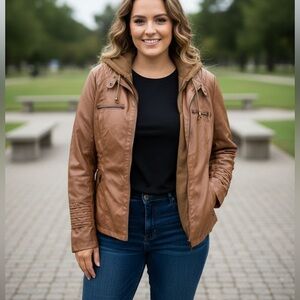 NWT WOMENS PLUS SIZE Brown Faux Leather Jacket with removable hood